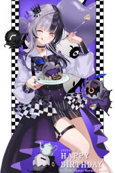1girl ;q absurdres alternate_costume balloon black_hair black_shoes cake commentary corset crown english_commentary food fork grey_hair happy_birthday heart_balloon highres holding holding_fork holding_plate hololive hololive_english long_hair matryo8 mini_crown multicolored_hair novelites_(shiori_novella) one_eye_closed plate purple_corset purple_skirt shiori_novella shirt shoes shorts showgirl_skirt skirt split-color_hair striped_clothes striped_shorts teapot thigh_strap tongue tongue_out two-tone_hair virtual_youtuber white_shirt yellow_eyes yorick_(shiori_novella)