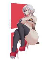1girl absurdres arlecchino_(genshin_impact) bare_shoulders bikini breasts cleavage genshin_impact high_heels highres large_breasts long_hair looking_to_the_side melowh multicolored_hair solo streaked_hair swimsuit symbol-shaped_pupils thighhighs white_hair x-shaped_pupils