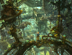 Rule 34 | 1girl, apron, belt, blonde hair, bob cut, boots, commentary, fantasy, from behind, hand on own head, munashichi, nature, original, plant, scenery, science fiction, short hair, short sleeves, solo, sunlight
