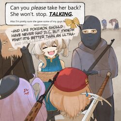 3girls 4boys anger_vein bag balaclava beanie beret black_hat bow brown_hair clio_aite clio_aite_(clio_2.0) closed_eyes eepy_sleepy eepy_sleepy_(sleepy_2.0) grey_hoodie gun hat highres hood hood_down hoodie long_hair marimari_(vtuber) marimari_(vtuber)_(marimari_2.0) multiple_boys multiple_girls nad_(gon4d) open_mouth paper_bag phase_connect phase_invaders_quest red_hat restrained rope short_hair speech_bubble sword virtual_youtuber weapon weapon_on_back yellow_bow zipper