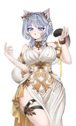 1girl :o aglaea_(honkai:_star_rail) aglaea_(honkai:_star_rail)_(cosplay) animal_ear_fluff animal_ears blue_eyes blush cat_ears cat_tail choker cipher_(honkai:_star_rail) cosplay cowboy_shot dress grey_hair hands_up highres honkai:_star_rail honkai_(series) lalan looking_at_viewer open_mouth short_hair simple_background solo standing tail thighs white_background white_dress