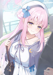 1girl 1other absurdres bag beret blue_archive blush breasts buttons closed_mouth crescent crescent_pin day dress grey_jacket hair_bun halo hat highres jacket large_breasts long_hair long_sleeves mika_(blue_archive) official_alternate_costume open_clothes open_jacket outdoors pink_hair pink_halo prana_(prana12) shoulder_bag single_side_bun smile white_dress white_hat yellow_eyes