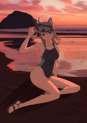 1girl absurdres beach black_one-piece_swimsuit blue_archive blue_one-piece_swimsuit ccyyyb diving goggles goggles_on_head highres hill horizon on_ground one-piece_swimsuit sandals school_swimsuit shiroko_(blue_archive) shiroko_(swimsuit)_(blue_archive) shore sitting sleeveless snorkel sunset swimsuit two-tone_one-piece_swimsuit water