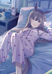 1girl alarm_clock alternate_costume alternate_hairstyle animal_ears bed blush breasts brown_eyes brown_hair cellphone clock commentary hair_between_eyes highres horse_ears horse_girl horse_tail lamp lying medium_breasts murasaki_himuro night open_mouth phone pillow smart_falcon_(umamusume) solo tail umamusume window