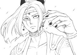 Rule 34 | 1boy, bracer, cape, choker, circlet, collarbone, commentary request, dragon boy, dragon quest, dragon quest x, earrings, floating hair, frown, hijirino yuuta, horns, jewelry, long hair, looking up, male focus, monochrome, monster boy, parted hair, pointy ears, robe, scales, slit pupils, solo, sphere earrings, tobias (dq10), upper body