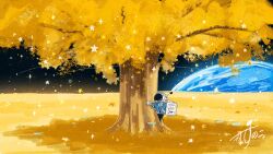 1other absurdres against_tree artist_name backpack bag blue_jacket commentary fish flying_fish grass highres jacket kazunoko_(kazunoko_zunoco) original other_focus outdoors planet radio_antenna shadow shooting_star signature solo space sparkle standing star_(sky) star_(symbol) tree tree_shade