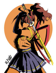 Rule 34 | 1girl, artist name, blue skirt, commentary request, cowboy shot, double horizontal stripe, elbow gloves, flag background, gloves, hairband, highres, imadake dabuchi tabemi, ishii hisao, japanese flag, katana, light frown, mcdonald&#039;s, partially shaded face, pleated skirt, ponytail, samurai tamago tabemi, sheath, short sleeves, signature, single empty eye, sketch, skirt, solo, sword, unsheathing, weapon