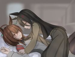 Rule 34 | 2girls, agnes tachyon (umamusume), anger vein, animal ears, black hair, black pantyhose, blush, brown hair, brown sweater, closed mouth, green shirt, green skirt, grey jacket, hair between eyes, highres, horse ears, horse girl, jacket, long hair, manhattan cafe (umamusume), multiple girls, pantyhose, red eyes, shirt, skirt, smile, sweater, tomatoidaphne, umamusume, yellow eyes, yuri