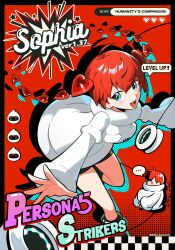 Rule 34 | 1girl, ^ ^, absurdres, ahoge, android, aqua eyes, bibi booom, bright pupils, closed eyes, commentary, detached hair, english commentary, feet out of frame, hair between eyes, heart, heart-shaped hair, highres, hood, hoodie, long sleeves, looking at viewer, o o, open mouth, persona, persona 5, persona 5 scramble: the phantom strikers, red background, red hair, solo, sophia (p5s), teeth, twintails, upper teeth only, white hoodie, x x, yo-yo