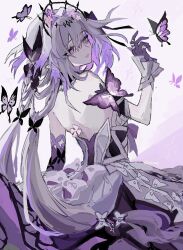 1girl back bare_shoulders black_tiara bright_pupils bug butterfly castorice_(honkai:_star_rail) dress elbow_gloves gloves highres honkai:_star_rail honkai_(series) insect long_hair multicolored_hair parted_lips purple_butterfly purple_eyes purple_gloves single_elbow_glove solo teeth tiara twitter_username two-tone_hair uma_(npon_zinsei) upper_body white_dress white_pupils