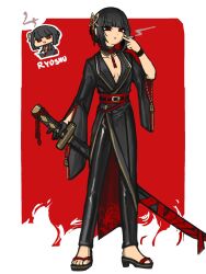 1girl alternate_costume black_hair black_kimono black_pants bob_cut border breasts character_name cigarette collar full_body hair_ornament highres japanese_clothes kimono limbus_company looking_at_viewer nra_3614 pants project_moon red_background red_eyes red_sash ryoshu_(project_moon) sandals sash short_hair simple_background smoking solo standing sword weapon white_border