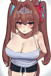 1girl absurdres animal_ears armpit_crease bare_shoulders black_shorts blue_camisole blue_scrunchie blush bow breasts brown_eyes brown_hair camisole cleavage collarbone daiwa_scarlet_(umamusume) embarrassed fang hair_bow hair_intakes highres horse_ears horse_girl horse_tail iog626 large_breasts long_hair looking_at_viewer parted_lips red_bow red_eyes scrunchie shorts skin_fang solo spaghetti_strap sweatdrop tail tiara twintails umamusume very_long_hair