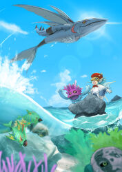 commentary_request coral digimon digimon_(creature) fish midair nature ocean official_art outdoors sangomon shakomon sirenmon sitting sun swimmon tobiumon underwater yellow_eyes