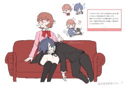 Rule 34 | !?, 1boy, 1girl, ^^^, black jacket, black pants, black skirt, black socks, blue hair, blush, bow, bowtie, brown eyes, brown hair, cardigan, chibi, chibi inset, choker, closed eyes, collared shirt, commentary request, couch, earphones removed, feet out of frame, flipped hair, gekkoukan high school uniform, highres, jacket, kneehighs, lap pillow, long skirt, looking at another, lying, miniskirt, motion lines, nodoka906, on couch, on side, pants, parted lips, persona, persona 3, pink cardigan, pleated skirt, red bow, red bowtie, request inset, ribbed cardigan, school uniform, sequential, shirt, short hair, simple background, sitting, skirt, sleeping, socks, surprised, sweat, sweatdrop, takeba yukari, twitter username, white background, white choker, white shirt, yuuki makoto (persona 3)