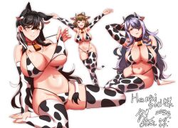 3girls \o/ animal_collar animal_ears animal_print anis_(nikke) arm_behind_head arm_support arm_up arms_up atago_(azur_lane) azur_lane bell bikini black_hair breasts brown_hair camilla_(fire_emblem) cleavage collar commentary_request cow_ears cow_horns cow_print cow_print_bikini cow_print_sleeves cow_print_thighhighs cow_tail detached_sleeves dog_ears extra_ears fake_animal_ears fake_horns fire_emblem fire_emblem_fates goddess_of_victory:_nikke hair_over_one_eye hair_ribbon highres horns huge_breasts kagiyama_(clave) long_hair looking_at_viewer lying medium_hair mole mole_under_eye multiple_girls navel neck_bell nintendo on_side outstretched_arms print_bikini print_thighhighs purple_eyes purple_hair ribbon sideboob simple_background sitting skindentation smile standing standing_on_one_leg swimsuit tail thighhighs wariza white_background yellow_eyes yokozuwari