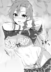 Rule 34 | 1girl, absurdres, arm ribbon, blush, bra, breasts, breasts apart, clothes lift, clothes pull, commentary request, floral print, greyscale, highres, himemushi momoyo, large breasts, lifting own clothes, long hair, looking at viewer, meimei (meimei89008309), monochrome, multi-source commentary, navel, open mouth, panties, print bra, print panties, ribbon, shirt, shirt lift, short sleeves, skirt, skirt pull, solo, stomach, sweat, touhou, twitter username, underwear, undressing, very long hair