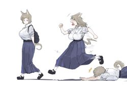 Rule 34 | &gt; &lt;, 3girls, animal ears, backpack, bag, brown hair, dog ears, highres, long skirt, maikamiaka, multiple girls, open mouth, original, running, shirt, short hair, simple background, skirt, tail, tongue, tongue out, tripping, walking, white background