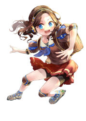 1girl backpack bag bike_shorts blue_eyes brown_hair commentary_request fate/grand_order fate_(series) floating_hair full_body headphones highres knee_guards leonardo_da_vinci_(active_sailor)_(fate) leonardo_da_vinci_(fate) leonardo_da_vinci_(fate/grand_order) leonardo_da_vinci_(rider)_(fate) long_hair looking_at_viewer open_mouth randoseru rori_chuushin skates skirt smile solo