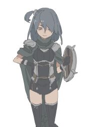 1girl absurdres armor cowboy_shot highres holding holding_shield medium_hair one_side_up original shield shoulder_armor smile solo takamichi thighhighs warrior white_background