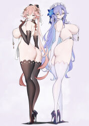 2girls absurdres adapted_costume arched_back arm_behind_back ass back back-to-back bare_shoulders black_bow black_collar black_gloves black_shoes black_thighhighs blue_eyes blue_flower bow breast_curtains breasts cantarella_(wuthering_waves) changli_(wuthering_waves) collar commentary detached_collar earrings elbow_gloves english_commentary flower frilled_headwear gloves hair_between_eyes hair_bow hair_extensions hair_flower hair_ornament hand_up headdress high_heels highres jewelry lamsass large_breasts long_hair long_legs looking_at_viewer looking_back mole mole_under_eye multicolored_hair multiple_girls pink_background pink_hair purple_gloves purple_hair purple_shoes purple_thighhighs revealing_clothes ring_hair_extensions shiny_skin shoes sideboob sideless_dress sideways_glance smile standing symmetrical_pose symmetry thick_thighs thighhighs thighs two-tone_hair very_long_hair white_collar white_hair white_headdress wuthering_waves yellow_eyes
