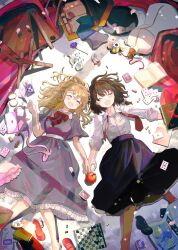 Rule 34 | 2girls, :d, absurdres, apple, bag, barefoot, black hair, black hat, black skirt, blonde hair, board game, book, bow, bowtie, broken bottle, brown hair, can, card, chair, chess, closed eyes, collared dress, collared shirt, dress, fedora, flower, food, fruit, handbag, happy, hat, highres, holding hands, long hair, long sleeves, mannequin, maribel hearn, minus (sr mineka), multiple girls, necktie, newspaper, open mouth, playing card, purple dress, red bow, red bowtie, red necktie, shirt, shoes, short hair, short sleeves, skirt, sleeves rolled up, smile, suitcase, touhou, undone necktie, unworn hat, unworn headwear, unworn shoes, usami renko, white shirt