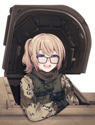 blonde_hair camouflage freckles glasses gloves gun handgun highres m2_bradley military_uniform military_vehicle mitsumine_(ookami_no_oyashiro) motor_vehicle original ponytail sam_(gaming_sentry) smile tank weapon
