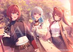 3girls :d alternate_costume ange_katrina animal animal_ear_piercing animal_ears animal_hair_ornament animal_on_shoulder bag belt bird bird_on_shoulder black_jacket black_shirt blue_eyes blue_hair blue_pants blurry blurry_background book braid breasts brown_belt brown_coat chihiro_ayaka cleavage closed_mouth coat colored_inner_hair commentary_request copyright_notice cropped_shirt denim dog_ears dutch_angle eyelashes flat_chest gold_necklace gold_pendant grey_skirt group_picture hair_intakes hair_ornament hair_over_shoulder hairpin hand_up heterochromia holding holding_book inui_toko jacket jeans jewelry lize_helesta long_hair looking_at_another looking_to_the_side medium_breasts medium_hair midriff monocle multicolored_hair multiple_girls multiple_hairpins multiple_necklaces navel necklace nijisanji open_clothes open_coat open_jacket open_mouth outdoors panties pants panty_peek pendant pink_bag pleated_skirt ponytail purple_eyes quilted_bag red_eyes red_hair sample_watermark sanbaka_(nijisanji) sebastian_piyodore see-through_cleavage see-through_clothes shirt shoulder_bag single_braid single_off_shoulder skirt sleeves_past_wrists smile sunset swept_bangs two-tone_hair underwear very_long_hair virtual_youtuber watermark white_hair white_shirt yellow_bird yellow_eyes