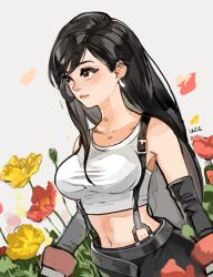 1girl bare_shoulders belt black_gloves black_hair black_skirt breasts brown_eyes closed_mouth commentary_request crop_top earrings elbow_gloves final_fantasy final_fantasy_vii flower gloves grey_background hair_behind_ear highres jewelry large_breasts lips long_hair midriff navel pink_lips red_flower red_gloves single_earring single_sidelock skirt solo suspender_skirt suspenders tank_top tifa_lockhart upper_body uzutanco white_tank_top yellow_flower