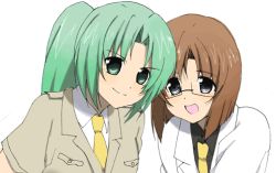 2girls aoi_(dizzy) cosplay glasses green_eyes green_hair higurashi_no_naku_koro_ni irie_kyousuke irie_kyousuke_(cosplay) lab_coat looking_at_viewer lowres multiple_girls necktie okonogi_tetsurou okonogi_tetsurou_(cosplay) open_mouth ponytail ryuuguu_rena short_hair smile sonozaki_mion