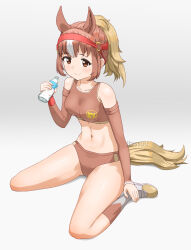 1girl absurdres animal_ears bare_shoulders blonde_hair blush bottle brown_buruma brown_eyes brown_hair brown_sleeves brown_socks brown_sports_bra buruma chestnut_thoroughbred_(kemono_friends) collarbone detached_sleeves extra_ears full_body hair_between_eyes headgear highres horse_ears horse_girl horse_tail ibissuudowell japari_symbol kemono_friends multicolored_hair ponytail shoes sidelocks sitting smile socks solo sports_bra sportswear tail two-tone_socks wariza water_bottle white_hair white_shoes white_socks