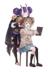 2girls :d :i armor ascot asymmetrical_legwear badge bandaid bandaid_on_leg black_coat black_pants black_socks black_thighhighs blue_eyes blue_sailor_collar blue_skirt boots bow bowtie brown_corset brown_footwear button_badge buttons captain_hannah cardigan character_badge clothing_cutout coat coat_on_shoulders corset detached_collar double_bun facial_mark fingerless_gloves frilled_shirt frills full_body gloves green_bow green_bowtie grey_sailor_collar grey_skirt hair_between_eyes hair_bun hair_ornament hair_ribbon hairclip heart heart_button heart_hair_ornament high_heel_boots high_heels highres holding horn_ornament horn_ring horns indie_virtual_youtuber jewelry kan1360 knee_boots light_blush light_brown_hair loafers long_hair long_sleeves multiple_girls multiple_tails nail_polish neuro-sama oni open_mouth pants pleated_skirt puffy_cheeks purple_hair red_nails red_ribbon ribbon sailor_collar school_uniform serafuku shirt shoes shoulder_armor sidelocks simple_background single_sock single_thighhigh sitting skirt sleeves_past_wrists smile socks swept_bangs tail thigh_cutout thighhighs turtle two_tails uneven_legwear virtual_youtuber white_shirt yellow_cardigan