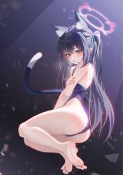 1girl absurdres alternate_costume animal_ear_fluff bare_arms bare_legs bare_shoulders barefoot black_hair black_leotard blue_archive blue_ribbon blush cat_girl cat_tail fang feet from_side hair_between_eyes hair_ribbon highleg highleg_leotard highres holding_own_tail leotard long_hair long_long_cai looking_at_viewer open_mouth red_eyes ribbon serika_(blue_archive) sidelocks skin_fang soles solo tail toes twintails
