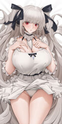 Rule 34 | 1girl, azur lane, between breasts, black bow, black choker, black ribbon, bow, breasts, choker, clothes lift, collarbone, cowboy shot, dakimakura (medium), dress, dress lift, formidable (azur lane), frilled sleeves, frills, grey hair, hair ribbon, hair spread out, hands on own breasts, highres, large breasts, long hair, panties, red eyes, ribbon, solo, tony guisado, twintails, underwear, very long hair, white dress, white panties