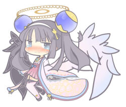 Rule 34 | 1girl, black hair, black wings, blue eyes, blush, chibi, closed mouth, emil chronicle online, from side, hair ornament, halo, homurabi, japanese clothes, long hair, mitama ruri, nose blush, teardrop, tearing up, thighhighs, twintails, white background, white thighhighs, white wings, wings