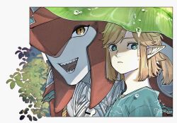 2boys blonde_hair blue_tunic colored_skin fins fish_boy hair_intakes head_fins headpiece highres jewelry leaf link long_pointy_ears looking_to_the_side male_focus multiple_boys necklace nintendo open_mouth parted_bangs parted_lips plant pointy_ears ponytail red_skin short_ponytail sideways_glance sidon signature teeth teto_ten the_legend_of_zelda the_legend_of_zelda:_breath_of_the_wild tongue tunic water water_drop zora