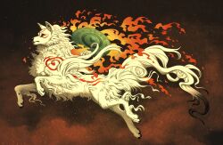 Rule 34 | absurdres, amaterasu (ookami), animal, animal focus, closed mouth, cloud, cloudy sky, commentary, english commentary, fire, from side, full body, highres, jumping, mayhw, night, night sky, no humans, ookami (game), orange eyes, reflector (ookami), sky, solo, star (sky), white wolf, wolf
