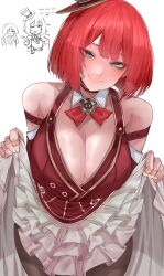 bandages blush breasts cleavage clothes_lift dress dress_lift grey_eyes highres large_breasts limbus_company looking_at_viewer project_moon red_hair the_distortion_detective thick_thighs thighhighs thighs xkittyzx yuri_(project_moon) yuria_(project_moon)