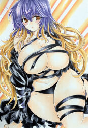 1girl black_dress blonde_hair blush breasts brown_eyes cleavage commentary_request convenient_censoring cross-laced_clothes curvy dress gradient_hair highres hijiri_byakuren huge_breasts looking_at_viewer marker_(medium) multicolored_hair orange_background parted_lips purple_hair skindentation solo striped_background touhou traditional_media twobee