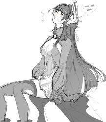 1girl arrow_(symbol) breasts closed_eyes commentary crying dress english_commentary english_text greyscale hair_ornament highres honkai:_star_rail honkai_(series) hysilens_(honkai:_star_rail) i_miss_my_wife_(meme) invisible_chair long_hair long_sleeves meme monochrome seijousai sitting solo speech_bubble tears thighhighs thought_bubble very_long_hair