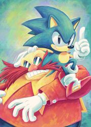 Rule 34 | 2boys, angry, bald, black eyes, boots, dr. eggman, facial hair, gloves, highres, long sleeves, multiple boys, mustache, natalie haines, red boots, red hair, red nose, red shirt, sailor collar, shirt, smile, socks, sonic (series), sonic the hedgehog, sunglasses, thick mustache, white gloves, white socks, yellow sailor collar