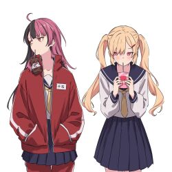 2girls ahoge bang_dream! bang_dream!_mugendai_mewtype black_hair blonde_hair blue_sailor_collar blue_skirt commentary drinking_straw drinking_straw_in_mouth hair_ornament hairclip hands_in_pockets hashtag-only_commentary highres jacket kanade_(kanade_3344) long_hair long_sleeves multicolored_hair multiple_girls nakamachi_arale neckerchief open_mouth pants pants_under_skirt pink_eyes pink_hair pleated_skirt red_eyes red_jacket red_pants sailor_collar school_uniform sengoku_yuno serafuku shirt simple_background skirt split-color_hair twintails two-tone_hair virtual_youtuber white_background white_shirt yellow_neckerchief