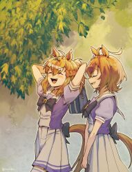 2girls agnes_tachyon_(umamusume) ahoge animal_ears arms_behind_back arms_up bag black_bow bow brown_hair closed_eyes commentary_request ear_ornament hair_ornament hairclip highres holding holding_bag horse_ears horse_girl horse_tail jungle_pocket_(umamusume) korean_commentary mazu1kan multiple_girls open_mouth plant sailor_collar school_bag school_uniform short_sleeves skirt tail teeth thighhighs tracen_school_uniform umamusume upper_teeth_only walking white_sailor_collar white_skirt white_thighhighs
