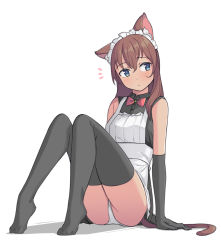 1girl animal_ears bare_shoulders black_gloves black_thighhighs blouse blue_eyes bow bowtie brown_hair cat_ears cat_girl cat_tail elbow_gloves full_body gloves hair_between_eyes highres maid maid_headdress original panties red_bow red_bowtie saiste shirt simple_background sitting sleeveless sleeveless_shirt solo tail thighhighs tiptoes underwear white_background white_panties