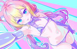 1girl absurdres ahoge armpits bare_shoulders bikini blonde_hair blush bow bowtie breasts detached_collar elbow_gloves finn_flint gloves gradient_hair hair_ornament highres latex latex_bikini latex_gloves latex_thighhighs long_hair looking_at_viewer multicolored_hair navel original outstretched_arm purple_hair red_hair small_breasts smile solo star_(symbol) star_hair_ornament swimsuit thighhighs tongue tongue_out traditional_bowtie twintails