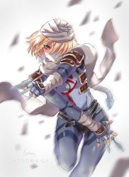 1girl androgynous bandages blonde_hair braid breasts dark-skinned_female dark_skin female_focus gloves hat lazoomaiga long_hair looking_at_viewer mask nintendo pointy_ears ponytail red_eyes reverse_trap sheik simple_background single_braid solo super_smash_bros. surcoat the_legend_of_zelda the_legend_of_zelda:_ocarina_of_time turban weapon