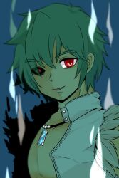 Rule 34 | 1boy, aura, bags under eyes, bio lab, black sclera, blue background, blue gemstone, colored sclera, commentary request, fur-trimmed shirt, fur trim, gem, green hair, howard alt-eisen, jewelry, looking at viewer, male focus, mismatched sclera, necklace, open mouth, pochiko (poteko), ragnarok online, red eyes, shirt, short hair, sleeveless, sleeveless shirt, smile, solo, upper body, white shirt, whitesmith (ragnarok online)