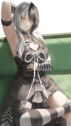 1girl artist_name black_arm_warmers black_choker black_dress black_hair black_nails breasts chest_belt choker cleavage dress gloves grey_hair highres hololive hololive_english lace lace-trimmed_choker lace_choker lace_trim large_breasts long_hair looking_at_viewer multicolored_hair reijiruu shiori_novella shiori_novella_(1st_costume) simple_background solo split-color_hair striped_arm_warmers striped_clothes striped_gloves striped_thighhighs thighhighs twitter_username two-tone_hair vertical-striped_clothes vertical-striped_thighhighs virtual_youtuber white_background yellow_eyes