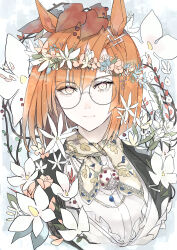 1girl absurdres alternate_costume animal_ears asymmetrical_bangs black_jacket brown_hair closed_mouth expressionless floral_print flower flower_wreath glasses head_wreath highres horse_ears ikuno_dictus_(umamusume) jacket jewelry ladybug_ornament leaf leaf_on_head looking_at_viewer necklace orange_hair oshiri_seijin round_eyewear scarf shirt solo umamusume upper_body