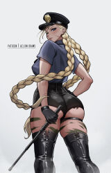 1girl absurdres aelion_draws artist_name ass ass_tattoo back black_boots black_choker black_gloves blonde_hair blue_eyes blue_shirt bodypaint boots braid breasts cammy_white camouflage choker closed_mouth cowboy_shot floating_hair from_behind gloves hat highres holding_baton_(weapon) large_breasts lips long_hair looking_back police police_hat police_uniform scar scar_on_face shirt short_shorts shorts simple_background skindentation solo spade_(shape) spade_tattoo street_fighter street_fighter_v tattoo thigh_boots thigh_strap thighs twin_braids very_long_hair white_background