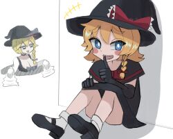 +++ 2girls anger_vein black_capelet black_gloves black_hat black_shoes black_skirt blonde_hair blue_eyes blush_stickers bow bowtie braid breasts bright_pupils capelet cleavage commentary_request convenient_leg cookie_(touhou) elbow_gloves full_body gloves hair_bow hat hat_bow highres kirisame_marisa large_breasts looking_at_viewer meguru_(cookie) multiple_girls open_mouth pro55h red_bow red_bowtie shoes short_hair side_braid simple_background single_braid skirt sleeves_past_fingers sleeves_past_wrists smile socks solo_focus touhou white_background white_pupils white_socks witch_hat yuuhi_(cookie)